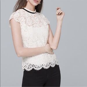 White House Black Market Lace Blouse with Black Velvet Trim Size Small